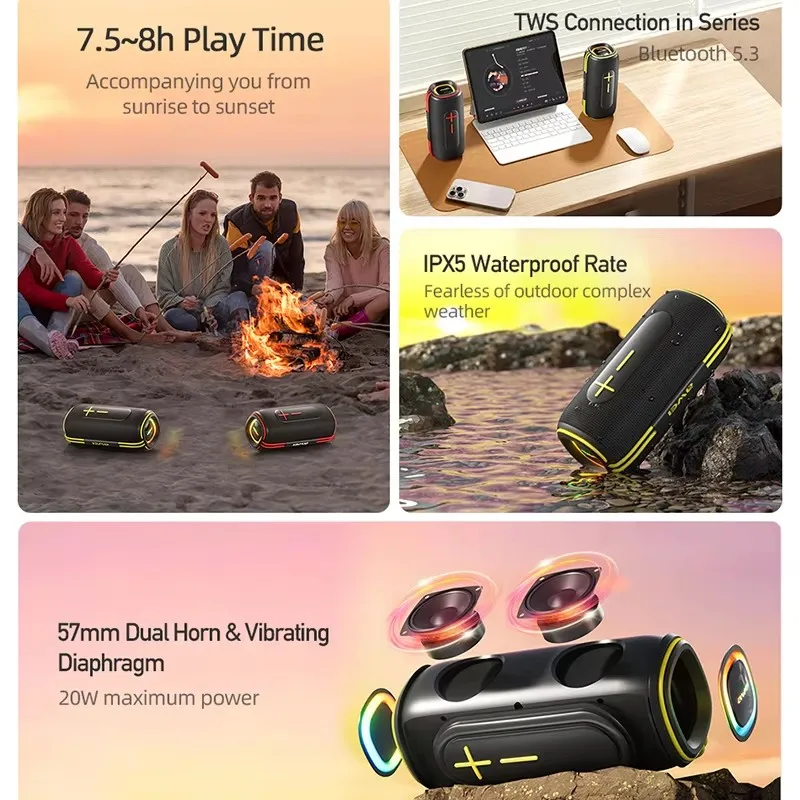 Awei KA5 2400mah Bluetooth Speaker 3D Stereo Bass Bluetooth Sound Box Portable IPX5 Waterproof TWS Boom Box Long Battery Life