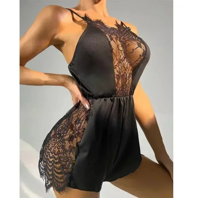 Lencería Sexy para Mujer, mono de malla de encaje negro, conjunto de pijama Sexy, lencería para Mujer, camisón Sexy, corsé para Mujer