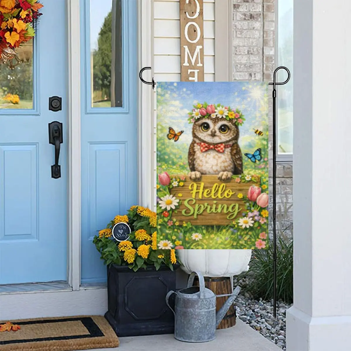 QOYVYIX Wooden Sign Hello Spring Garden Flag Cute Owl Floral Basket Double Sided Outside Yard Decoration Small Yard Flag 12x uui
