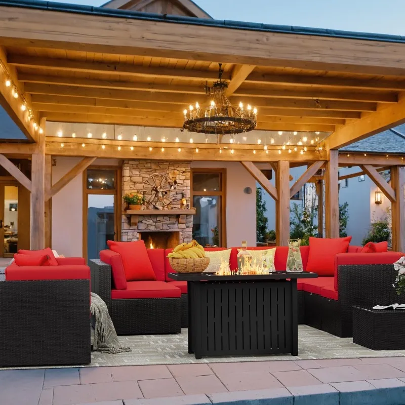 Patio Furniture Sets 13-Pieces Outdoor PE Rattan Sectional Sofa w/43in Gas Fire Pit Table 55000 BTU Add Warmth to Gather