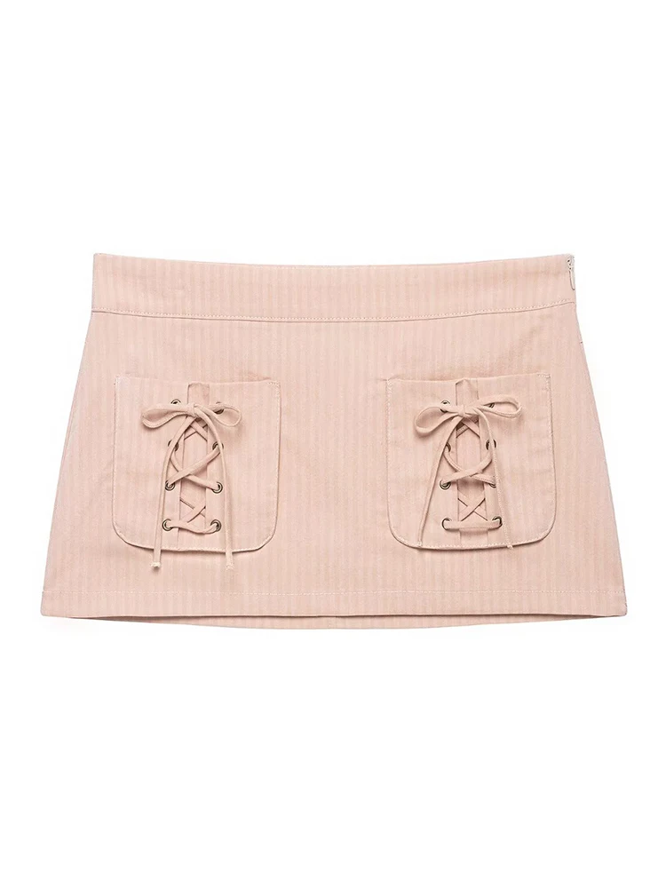 HH Women Spring Summer Blush Pink Lace Up Mini Skirt Striped Texture Front Pockets High Waist For Holiday Vacation Outdoor Wear