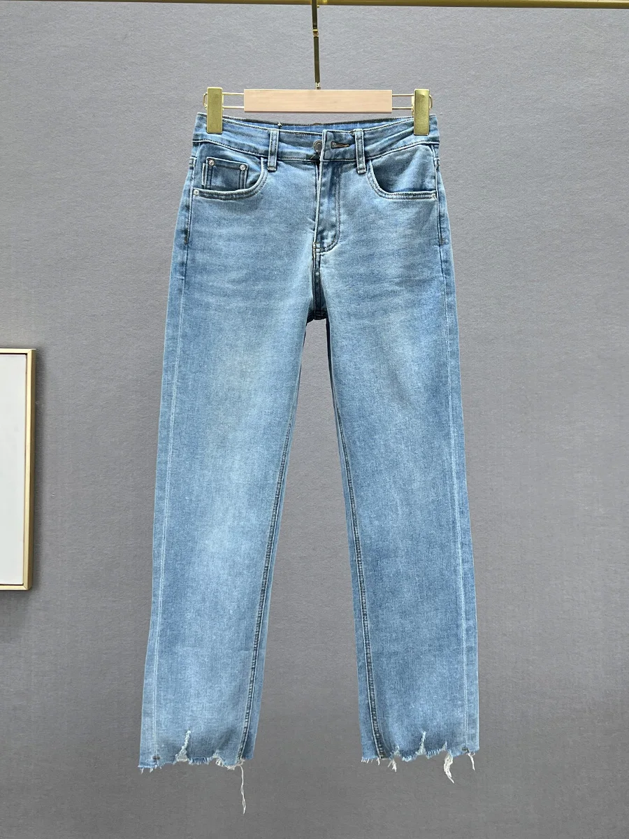 

Женские джинсы с высокой талией из хлопкового стрейч-денима, прямого кроя, весна-лето, новинка, стройнящие, универсальные, светло-голубые, модель e Pipe P...