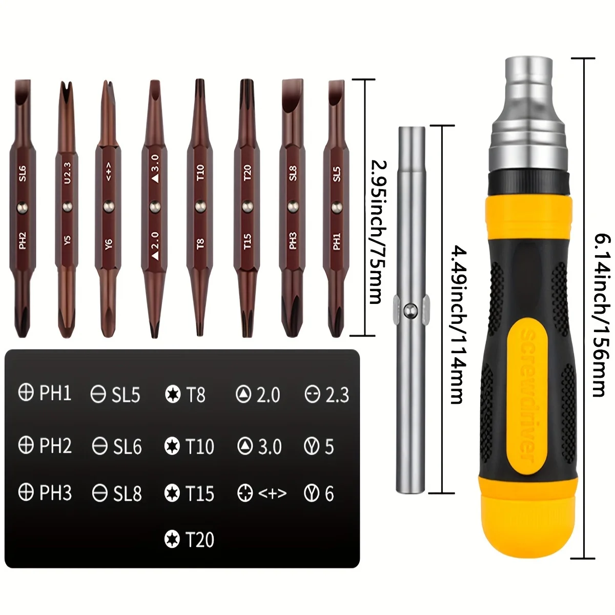 19 in1 Ratchet Screwdriver Set Multi Screwdriver Tool All in One with Torx Security Flat Head Phillips Hex Square and Nut Driver