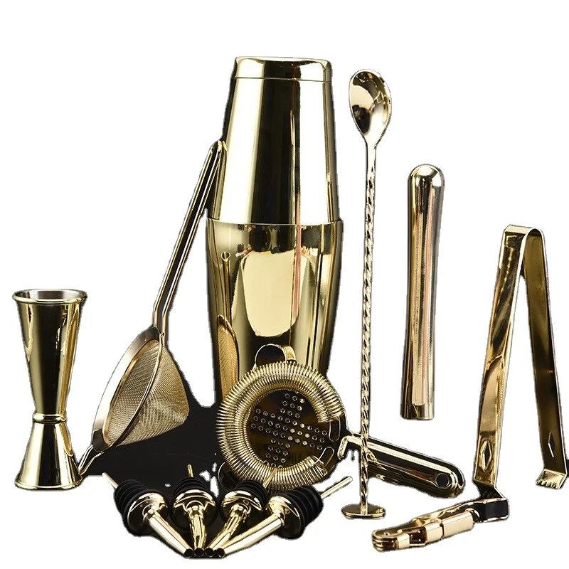 

Cocktailshaker Bar Set: 2 Shakers, Cocktail Strainer Set, Double Jigger, Cocktail Muddler and Spoon 13-piece Gold Boston Shaker