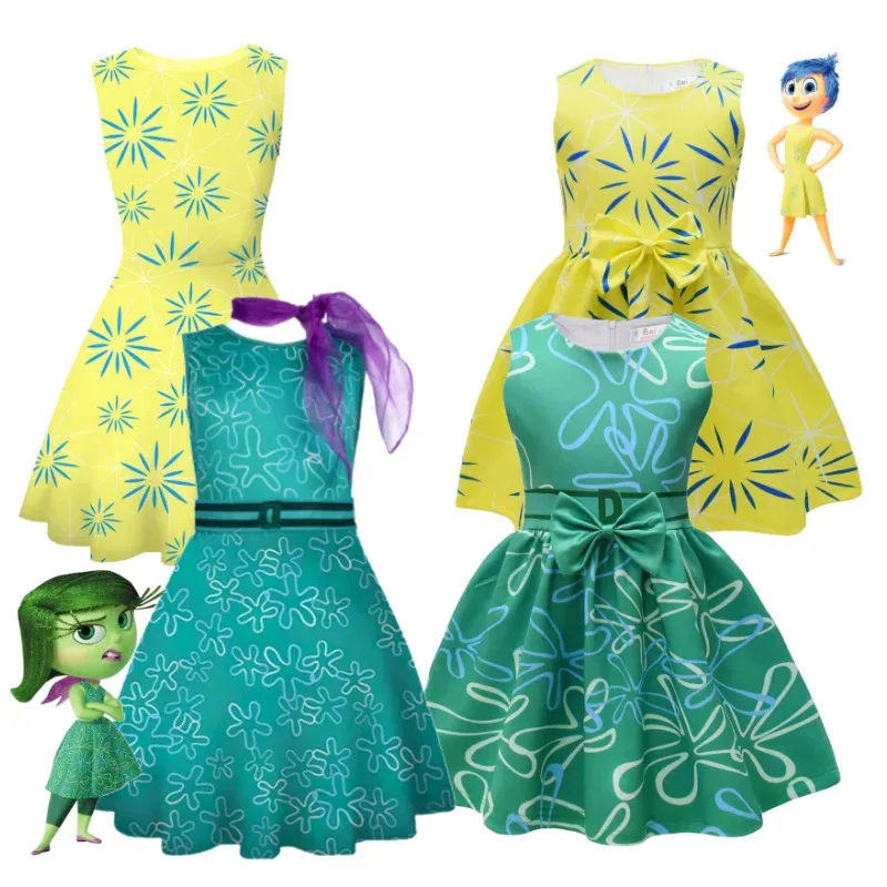 

Детское платье принцессы для косплея персонажа из мультфильма, вечеринка по случаю дня рождения, платье с изображением радостного отрядающего персонажа + парик + шелковый шарф