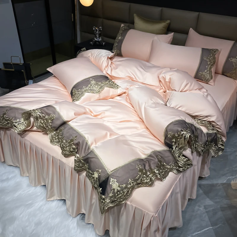 Luxury Bedding Set 3Pcs Duvet Cover Set King Size Bed Skirt Lace Double Side Washed Silk Design Reactive Printing Sleep Coolly