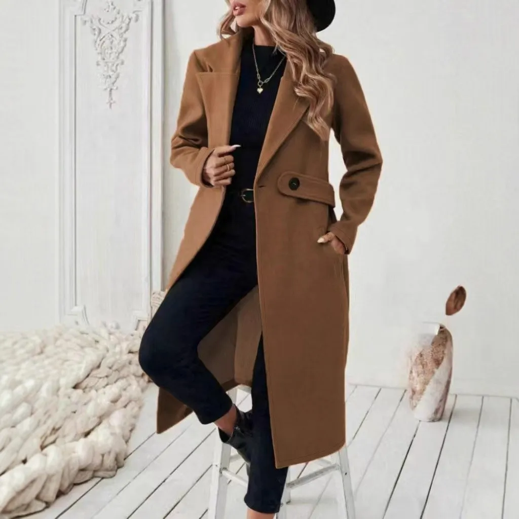 Button Detail Notched Lapel Coat Regular Fit Sweet and Fresh with Single Button Closure Casual Long Length Women Autumn Coat