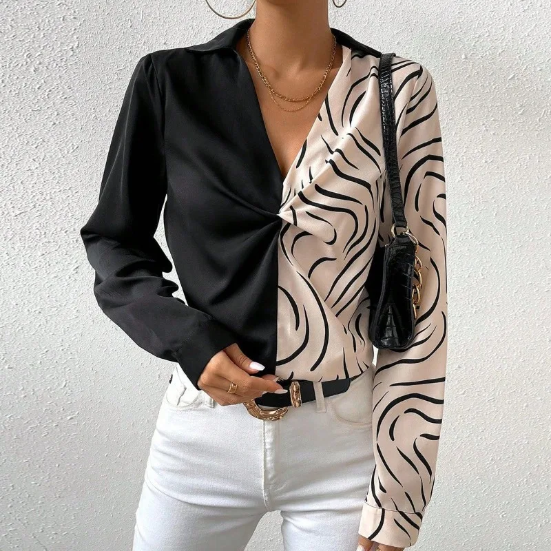 

Women French Style Color Block Twisted V Neck Long Sleeve Satin Blouse Elegant Casual Office Top