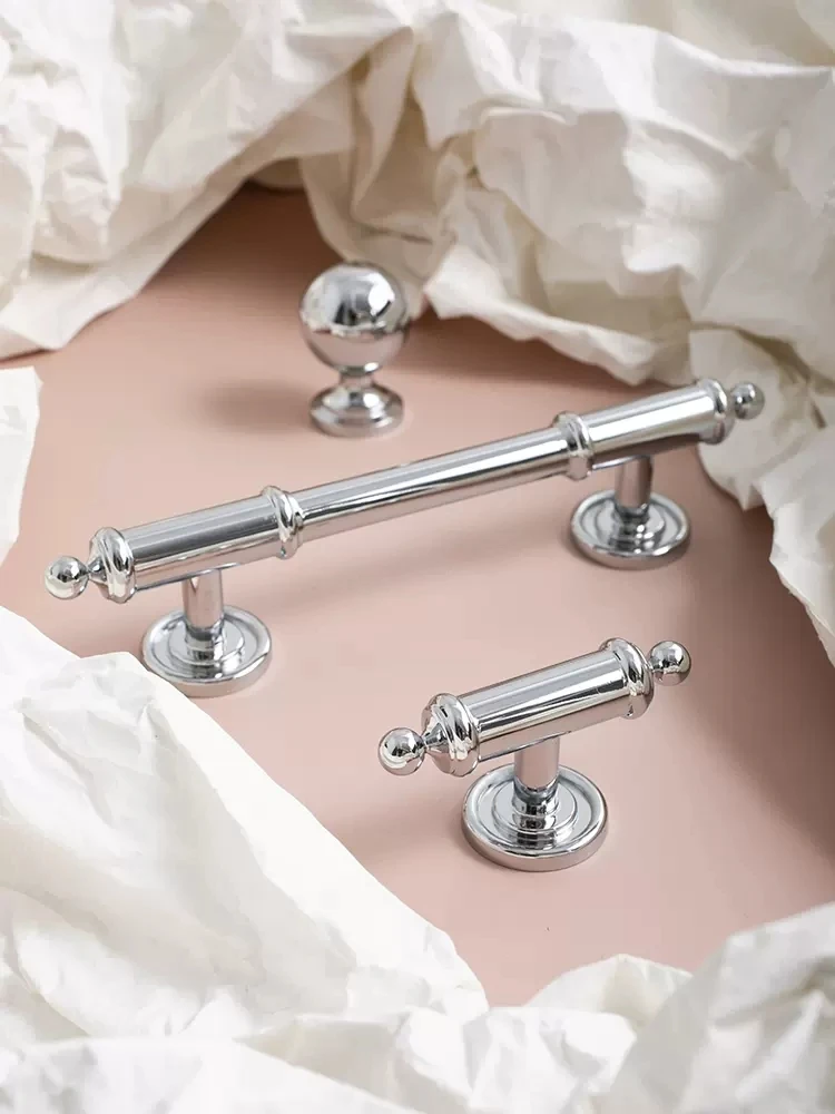 Furniture Handle 224mm Bright Silver Solid Brass Long Handle Wardrobe Door Knobs Shoe Cabinet Drawer Brass Small Ball Handles