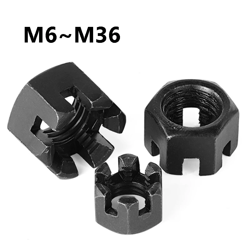 1~50Pcs Black Carbon Steel Hex Slotted Nuts M6 M8 M10 M12 M14 M16 M18 M20 M22 M24 M27 M30 M33 M36 Hex Slotted Castle Crown Nuts