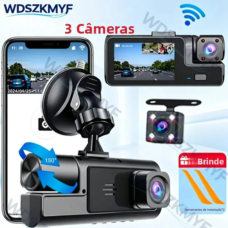 Câmera Veicular WiFi Triple Dashcam 2/3 Canais 1080P HD com Visão Noturna e Ângulo Amplo para Gravação Frontal, Traseira e Interior do Veículo