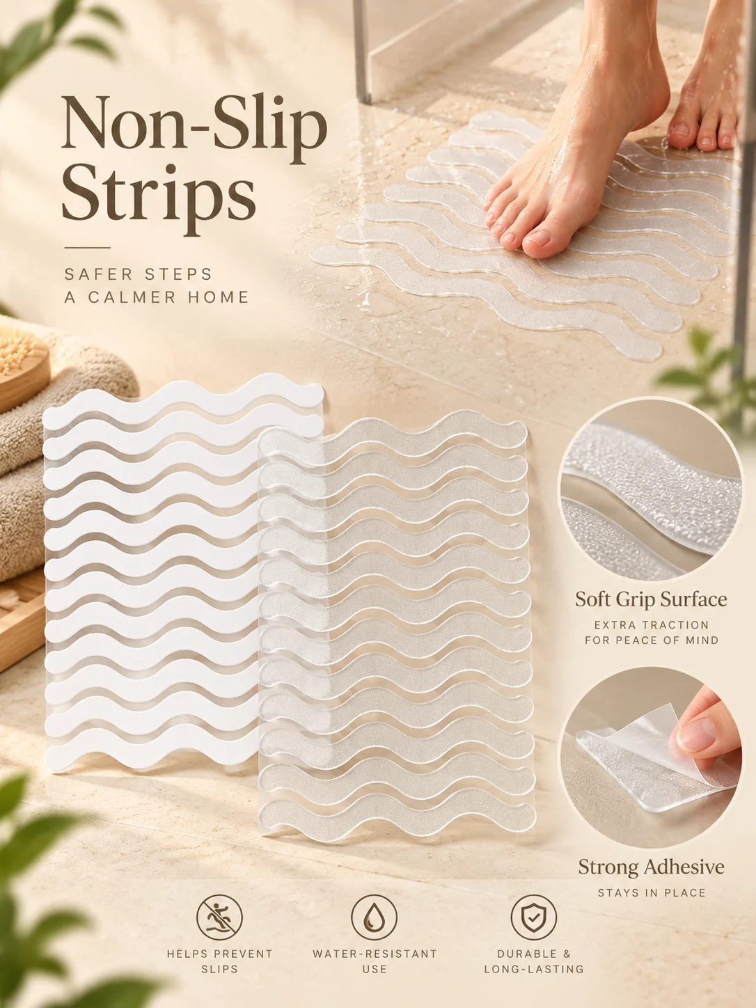 6/12/24PCS 2x20CM PVC Self Adhesive Anti Slip Strips for Shower Bathtub Bathroom Floor Stairs Wet Surface Grip