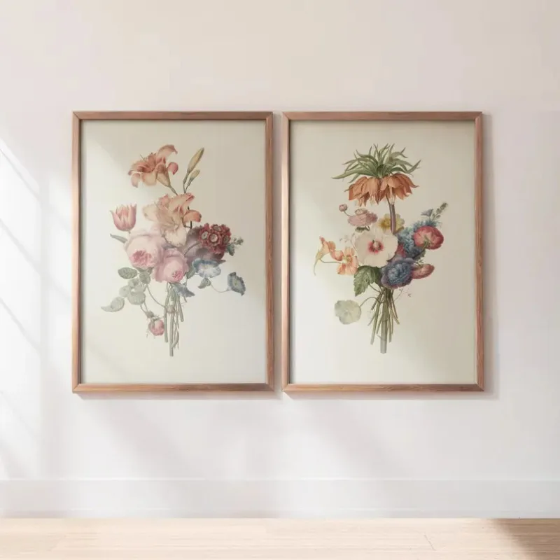 Póster de rosas y cachorros florales de primavera, ramos de flores vintage, pintura en lienzo botánica, arte de pared de caba