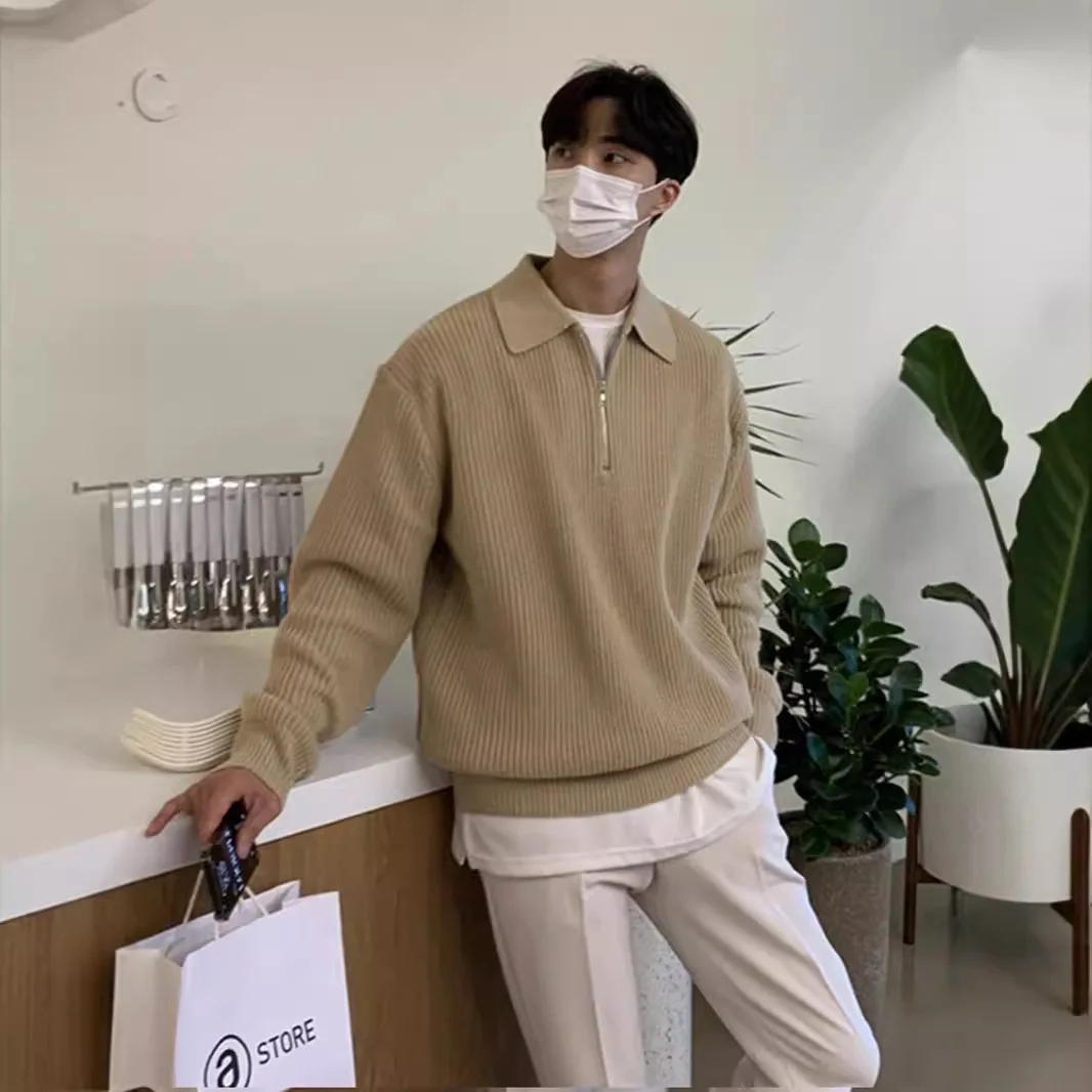 

Men's Harajuku Knitwear Warm Pullover Sweatshirt Korean Fashion Turn down Collar Vintage Casual Jumpers for Male Harajuku Style