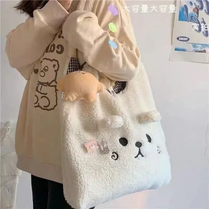 New Winter Soft Plush Tote Bag Women Cartoon Embroidery Imitation Lamb Hair Shoulder Bag for Women Shopper Bag Bolsa No Pendant