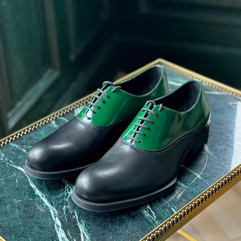 JINIWU 2026 Autumn Winter Men Oxford Shoes Special‑Shaped Sole Wear‑Resistant Handmade Black‑Green Color Block Lace‑up men Shoes