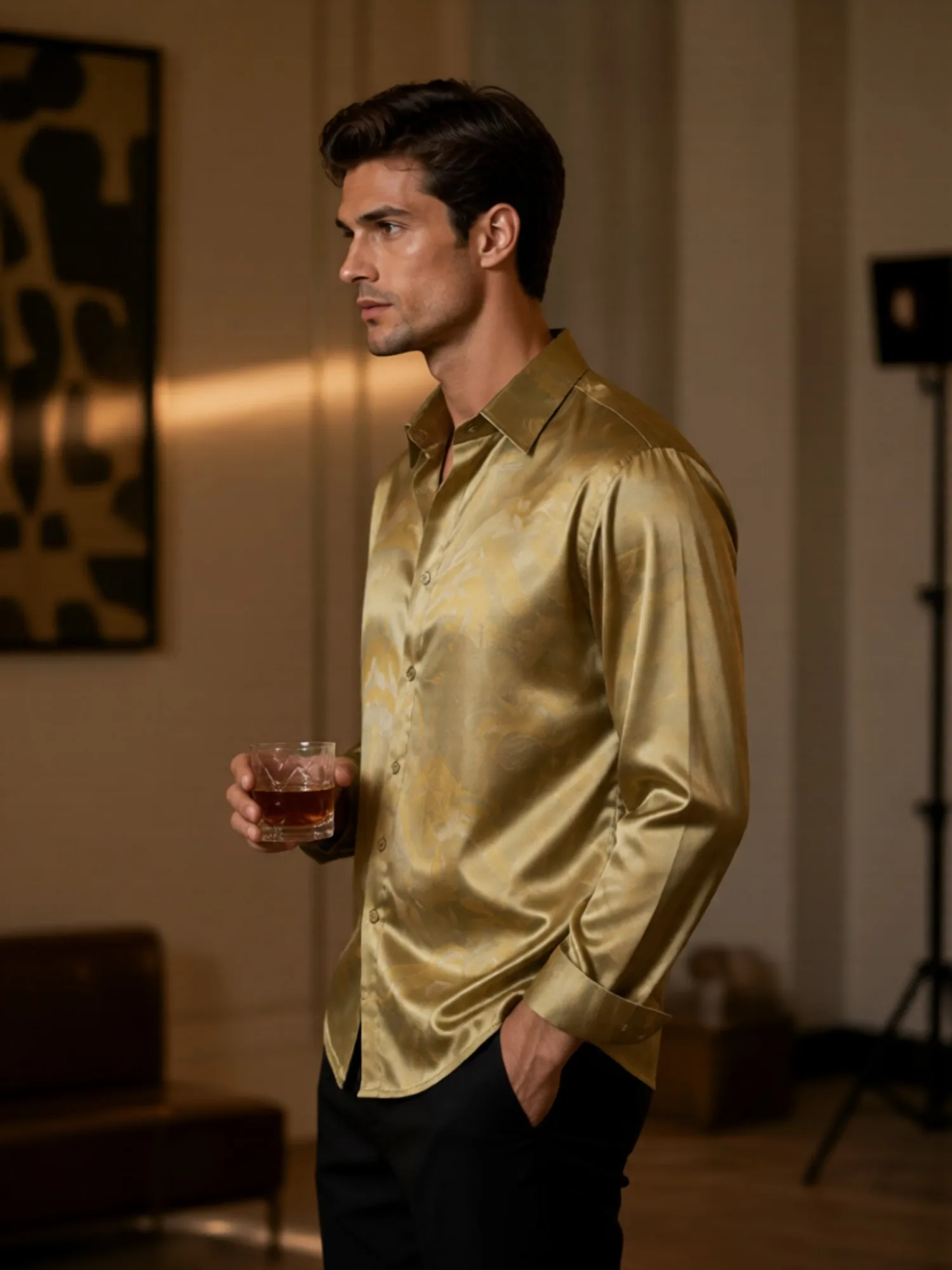 Mens Satin Long Sleeve Button Down Printed Dress Shirt Smooth Glossy Fabric Polished For Work Commute Business Office Daily Wea