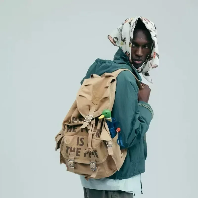 2026 HUMAN MADE Washed Canvas Backpack Hunting Style Dye Print Logo Velour Heart Large Capacity Unisex