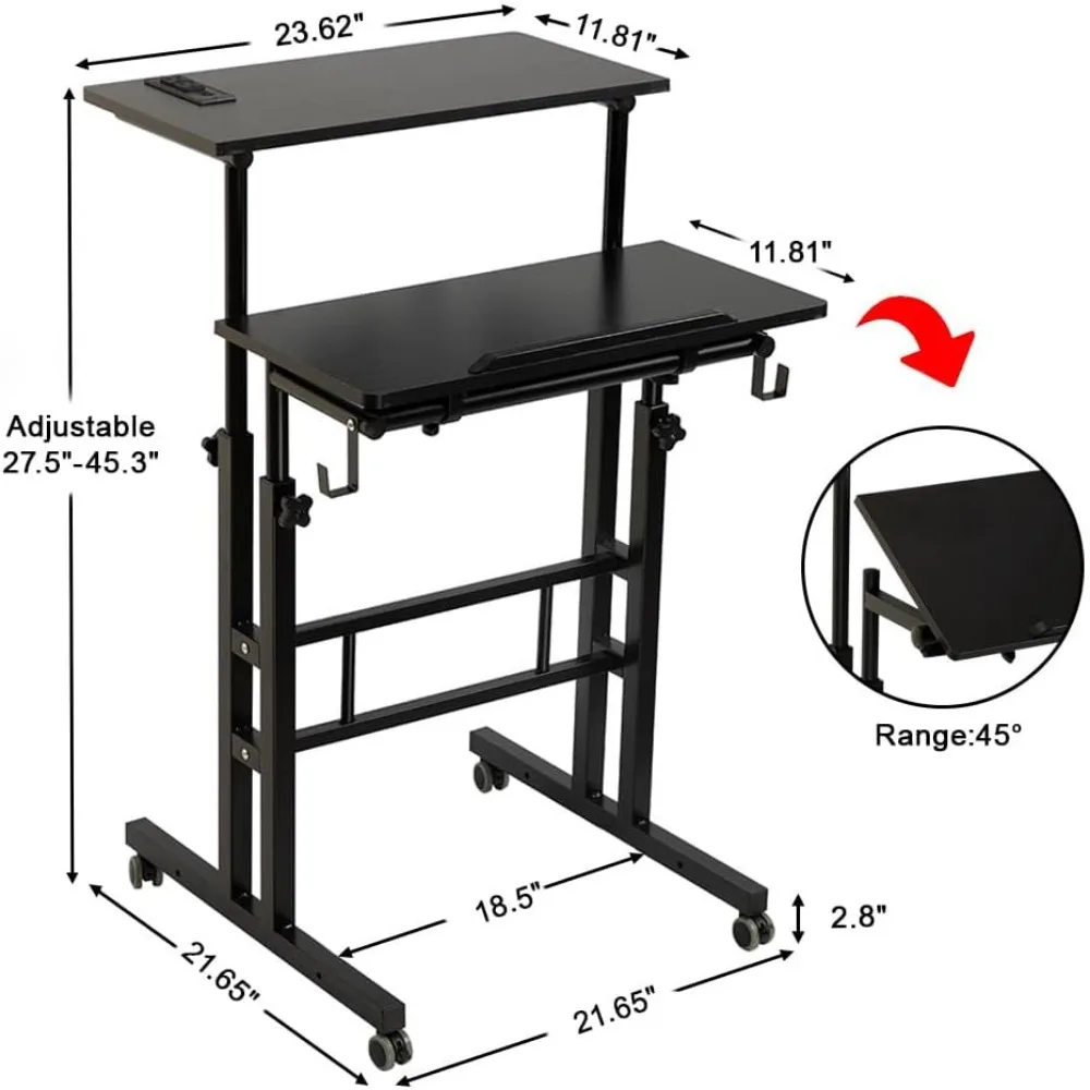 Móvel ajustável Stand Up Desk, Mesa para laptop com rodas, Home Office Workstation com portas e saídas USB, Rolling Desk