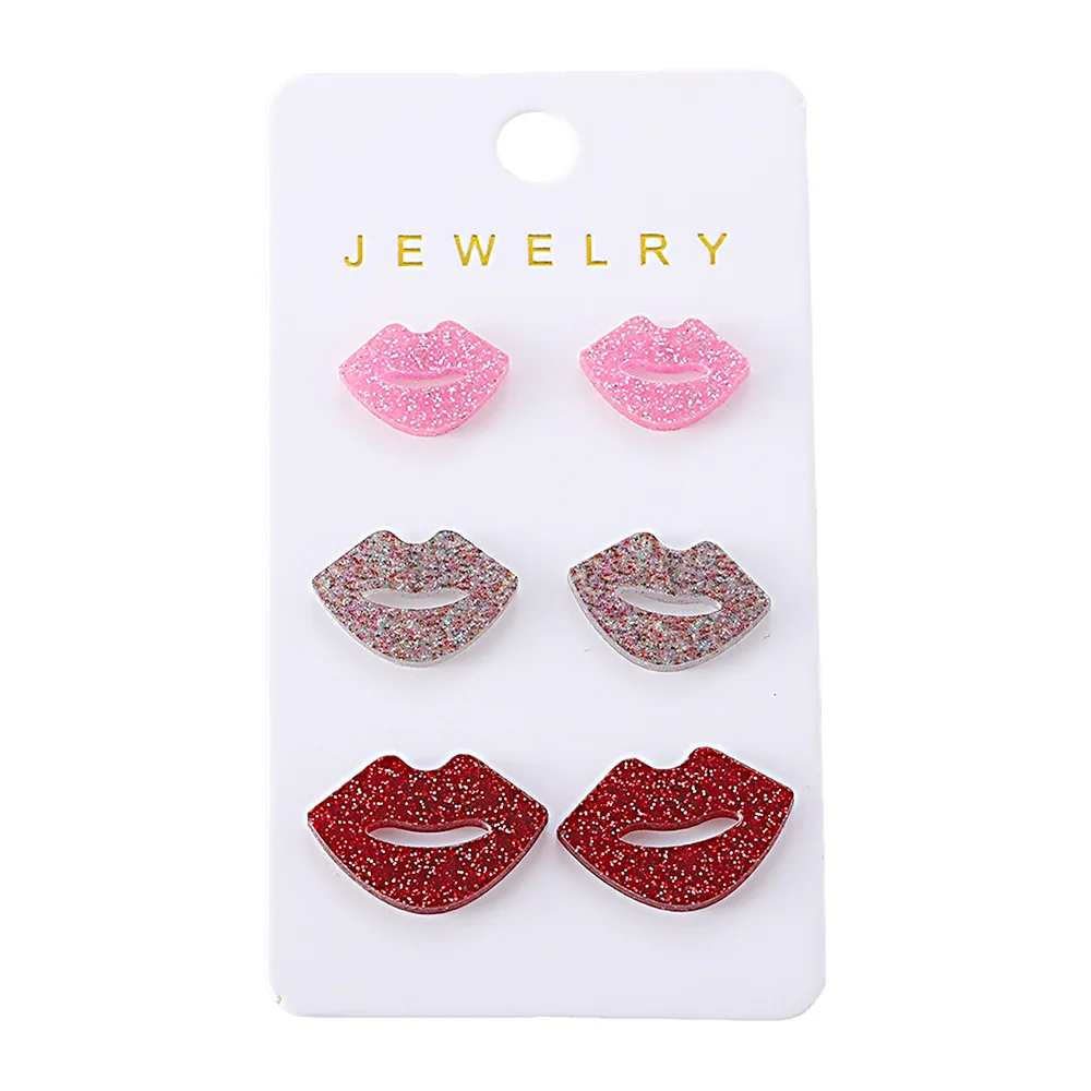 3 Pairs / Set Pink Red Colorful Glitter Acrylic Lips Triple Stud Earrings for Lovers Valentines Day Jewelry Gifts