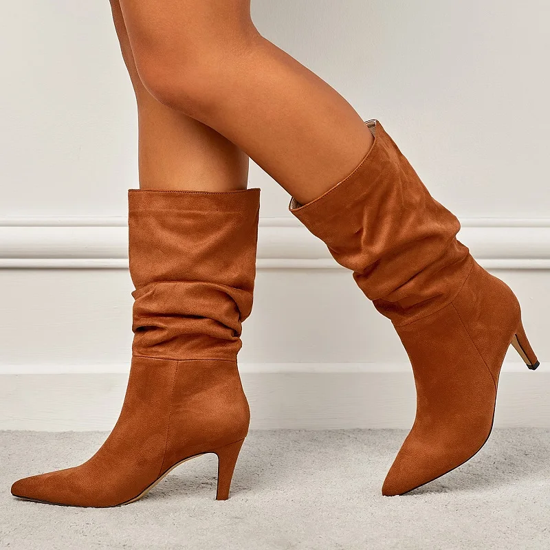 Pleated Pointed Toe ANKLE Boots Women Fashion Thin Low Heels Shoes Autumn Vintage Western Mid-Calf Booties Zapatos Mujer