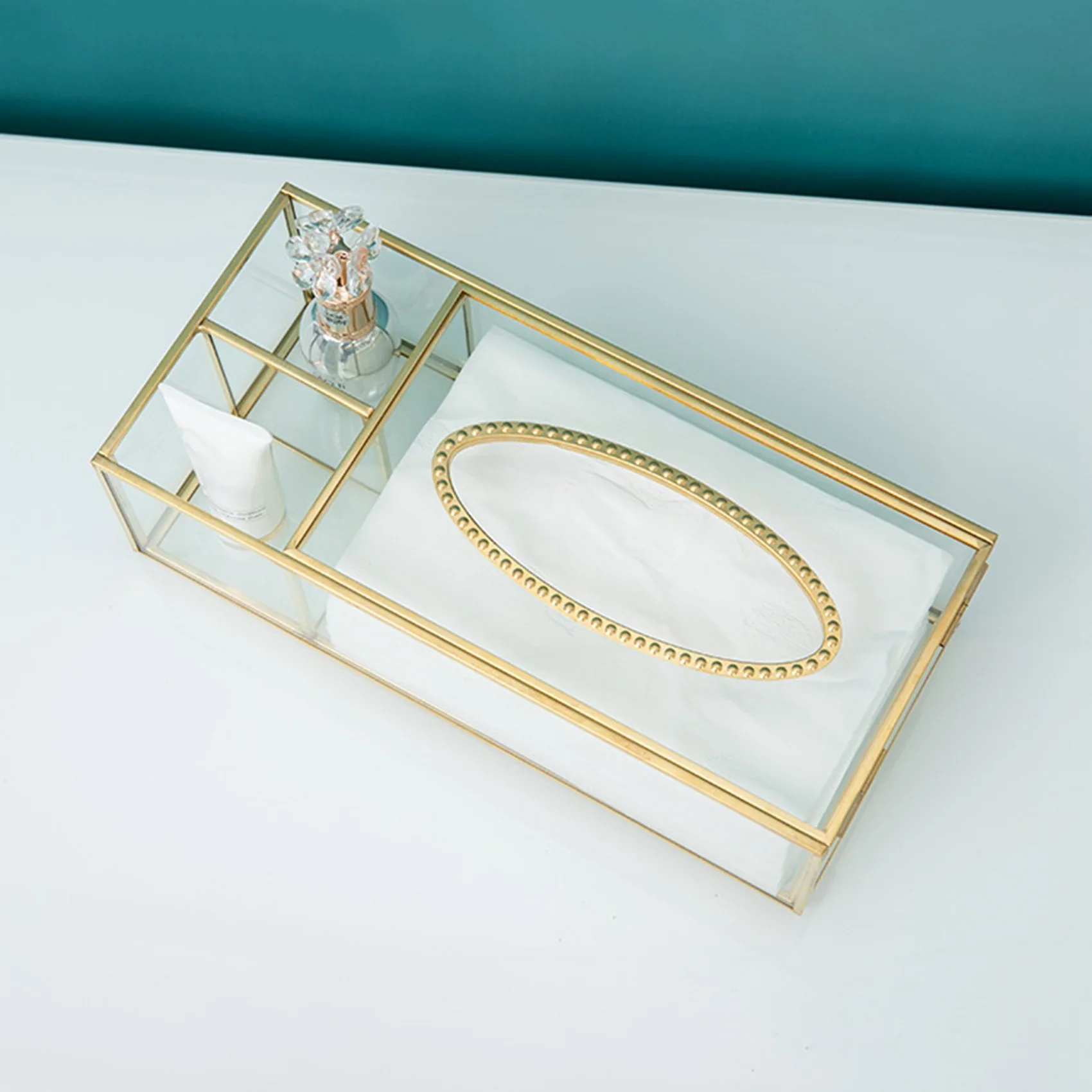 Doings Gold Tissue Box Rectangular Clear Glass Paper Tissue Box for Home Tissue Dispenser Geometric Glass Tissue Box