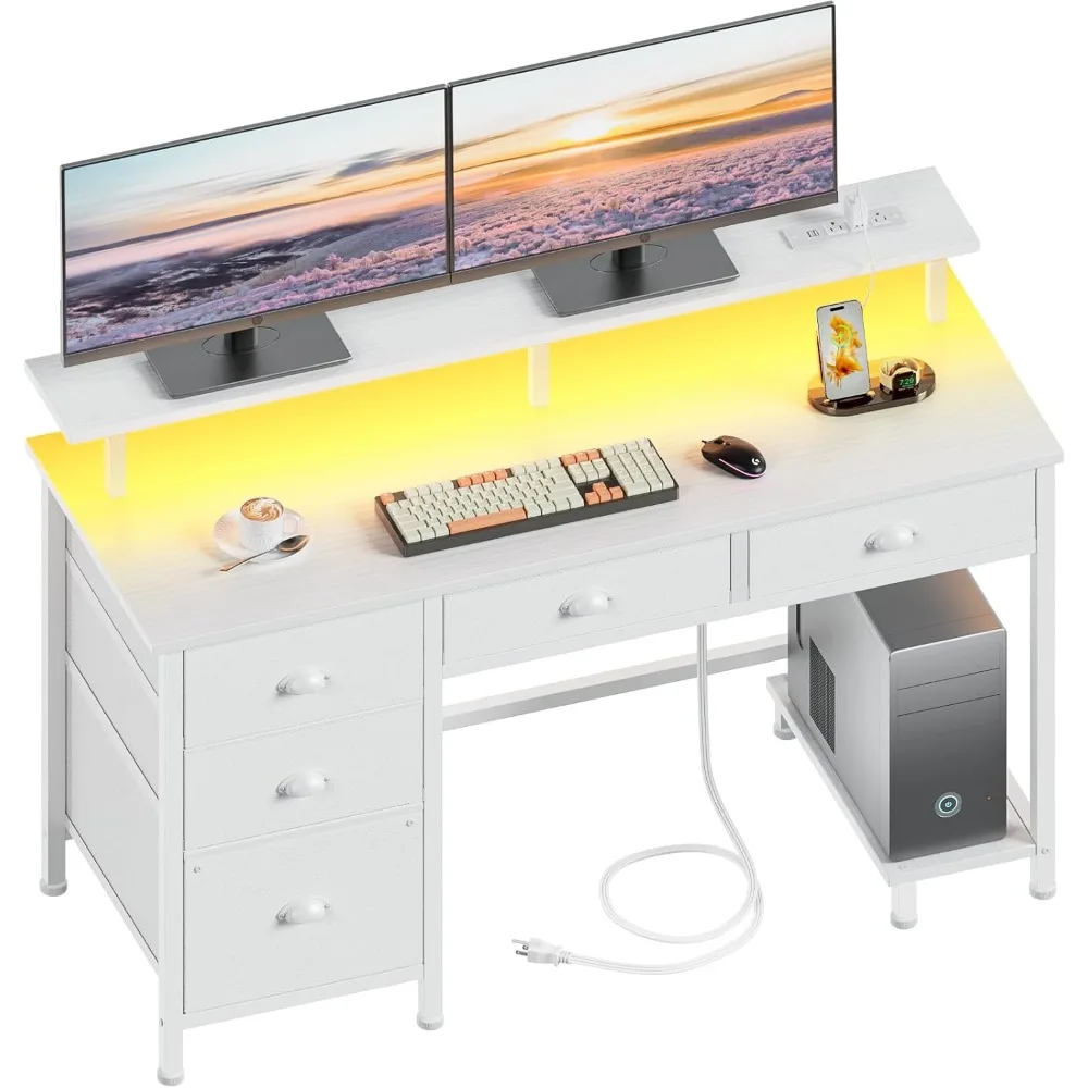

White Computer Desk with 5 Drawers,47in Gaming Desk with LED Light & Power Outlets,Home Office Desk with Monitor Stand and Stor