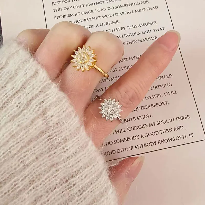 Gold Color Copper Crystal Anxiety Relife Spinning Ring For Women Enamel Sunflower Rotate Freely Anti-Stress Rotating Rings view 4