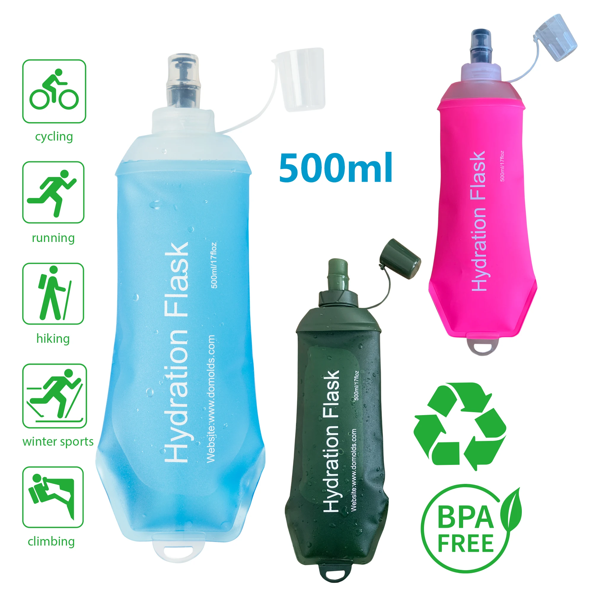 

AXEN Folding Water Bottle, Collapsible, Soft Flask, TPU, Cycling, Running, Camping, Travelling, Pink, Blue, Green, 500ml