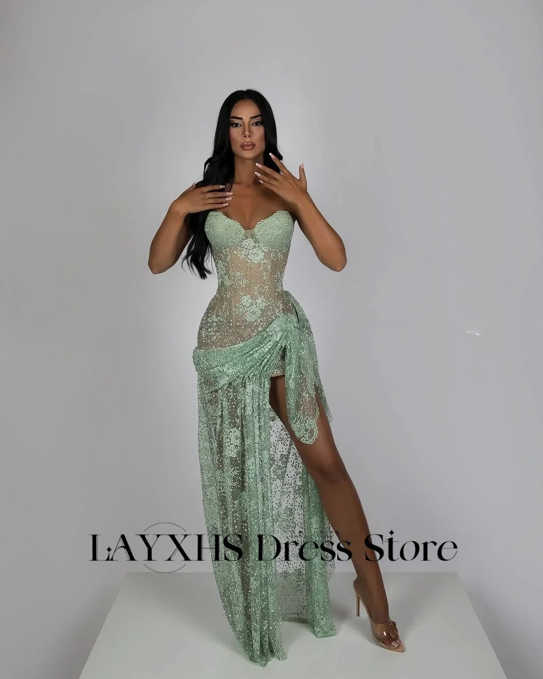 

LAYXHS Sexy Mermaid Lace Evening Dresses Green Sweetheart Side Slit Pleat Prom Dresses Customized فساتين سهرة
