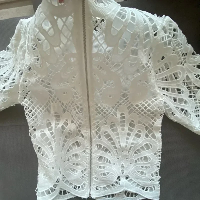 Elegant Hollow Out Long Sleeve Lace Blouse for Women, Stylish Stand Crochet, Cotton White Shirts, Sexy Crop Tops, 16296, New