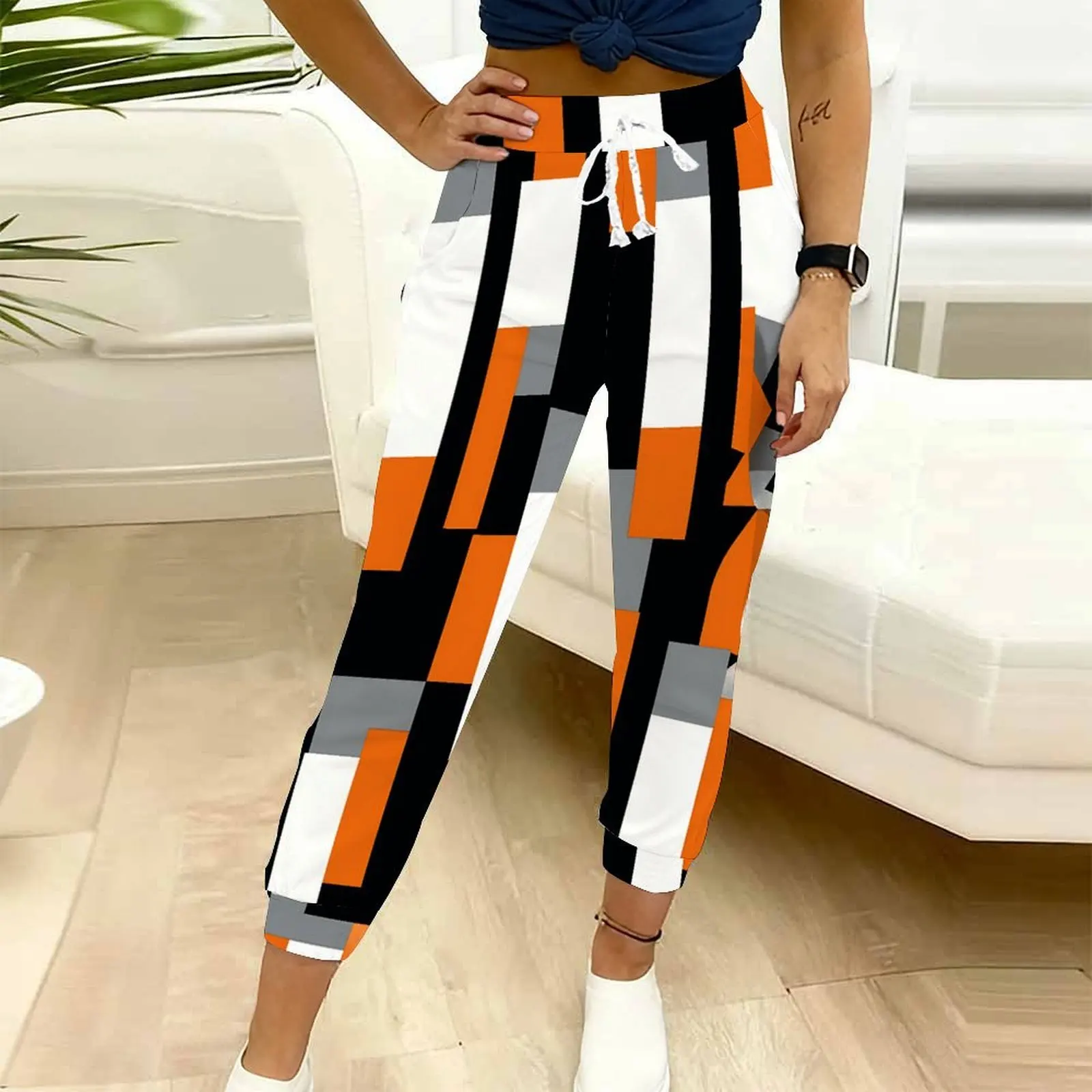 Square Plaid Print Drawstring High Waist Sweatpants with Pockets Daily Loungewear Streetwear Women Casual Jogger Pants