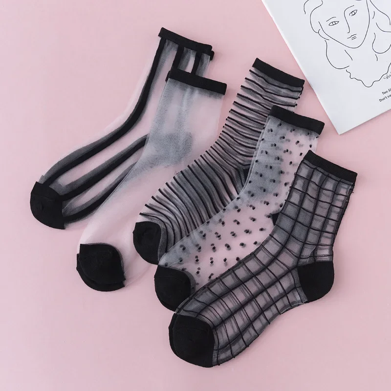 Letnie skarpetki damskie przepuszczalne przezroczyste Polka Dot kryształowe jedwabne skarpetki ultracienkie oddychające czarne białe elastyczne długie skarpetki Sox — zdjęcie 3