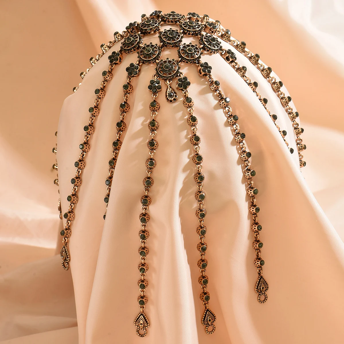 Ethnic Diamond Embellished Tassel Headwear Gold Plated Middle Eastern Style Wedding Bride Hair Accessory for Banquet