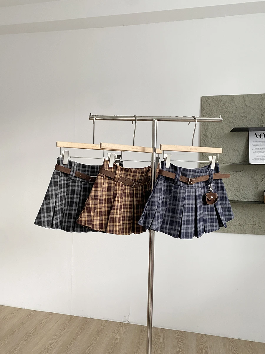 Damska spódnica mini z wysokim stanem na jesień i zimę, z mieszanki wełny, plisowana, w stylu streetwear, vintage, w kratę, krótki fason A-line.