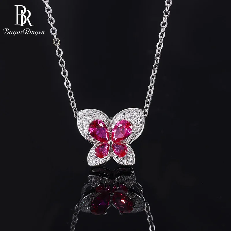 

Bague Ringen 925 Sterling Silver Ruby Necklaces For Women Red Butterfly 19*32mm Pendant Wedding Anniversary Jewelry Gifts