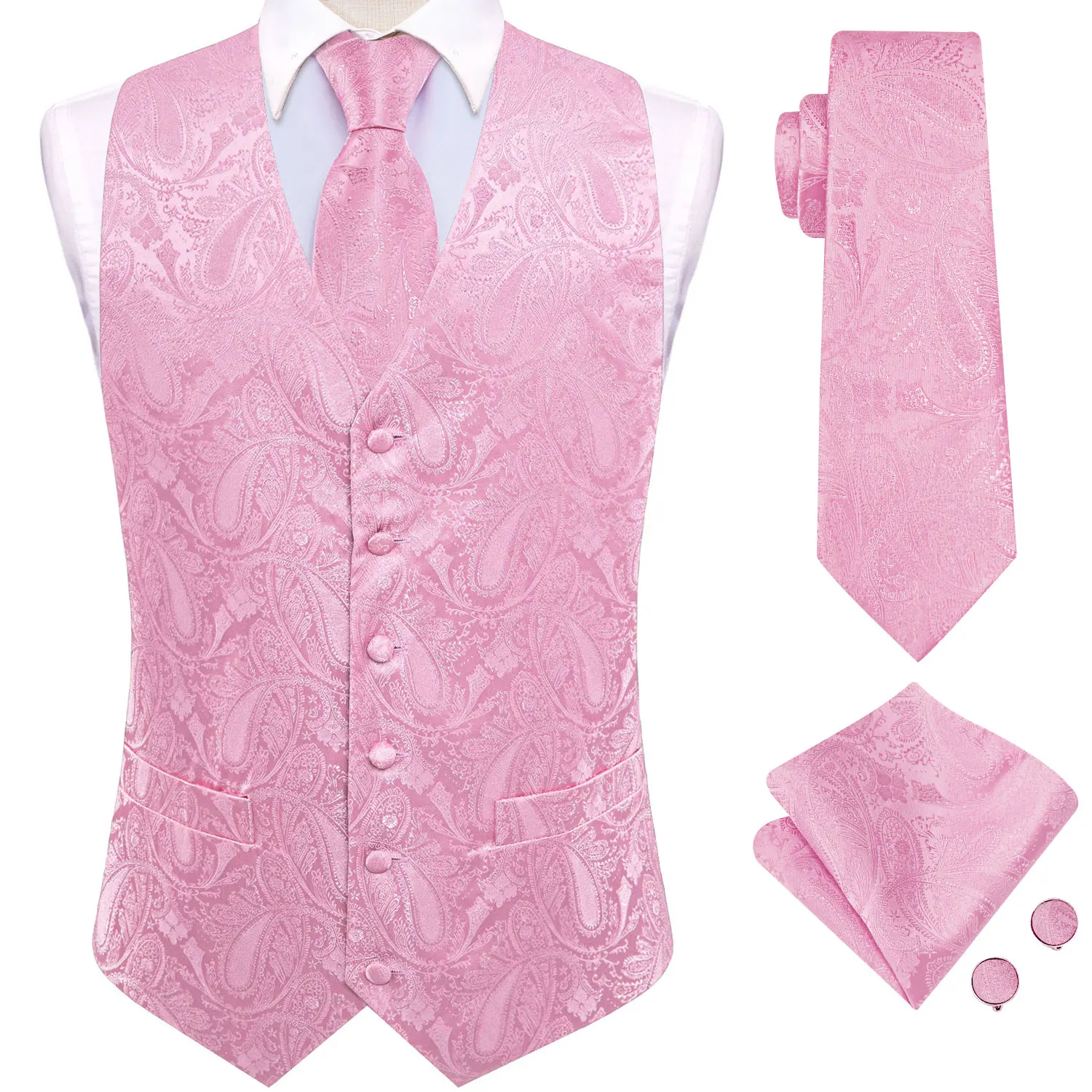 Luxury Mens Vests Jacquard Woven Paisley Waistcoat Tie Hanky Cufflinks Set Pink Peach Salmon for Men Suit Weddding Business Gift