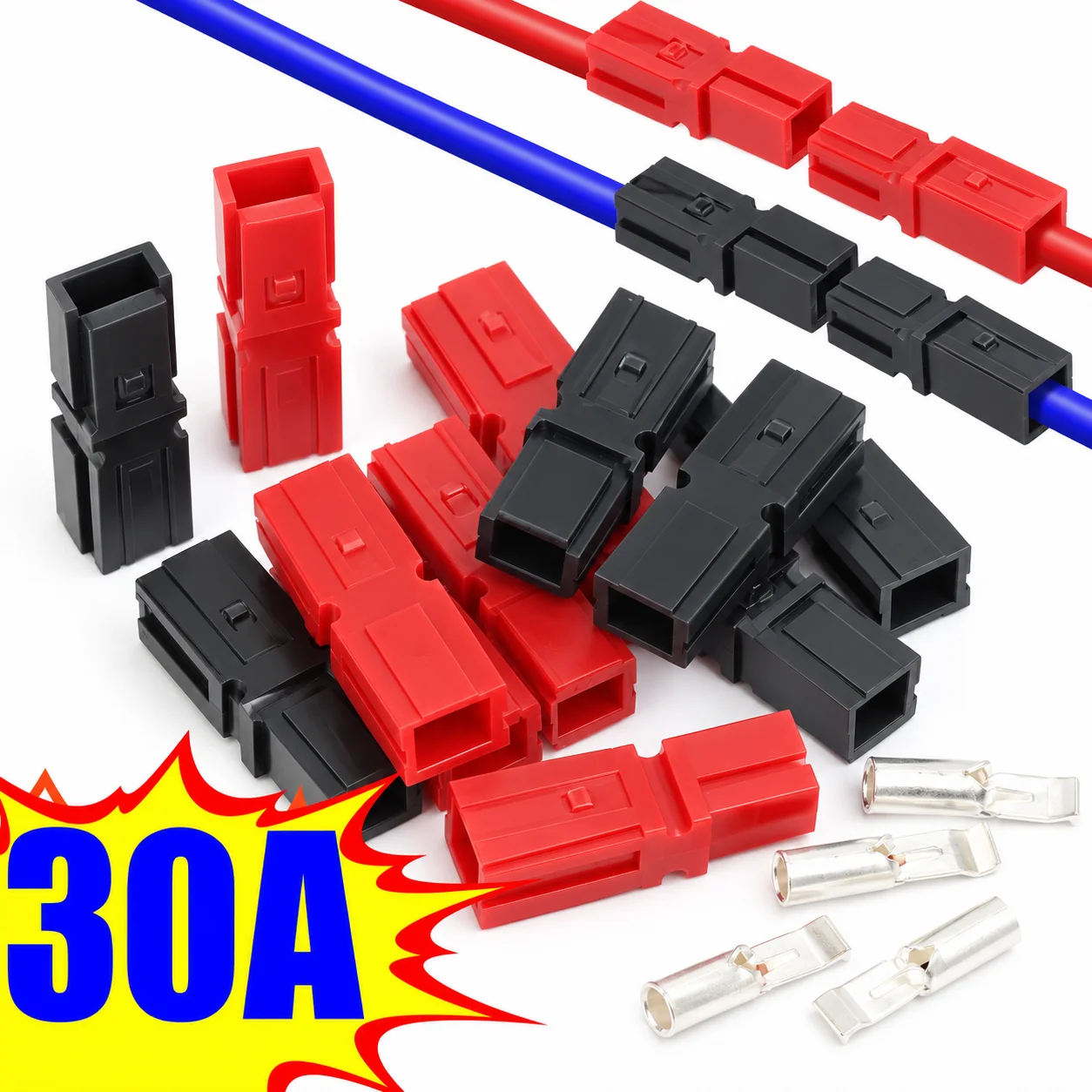 2PCS 30Amp Style Power Connector Red Black High Current Battery Plug Copper Terminal for Car Marine Radio Solar Wiring