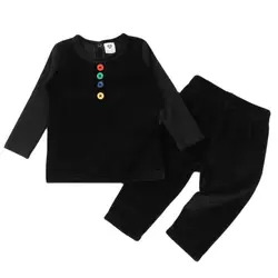 2pcs set baby clothes long top/pant children casual set colorful buttons kid clothes black velour long sleeves girl boys clothes