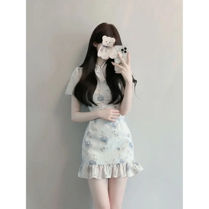 

Modified Cheongsam Chinese Style Fragrant Flower Skirt Summer Style Waist Collection New Chinese Gentle Dress