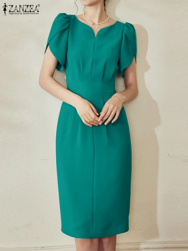 ZANZEA 2024 Summer Sexy Waist V-neck Robe Elegant Party Midi Dress Women Petal Short Sleeve Evening Dress Vintage Wrap Vestidos