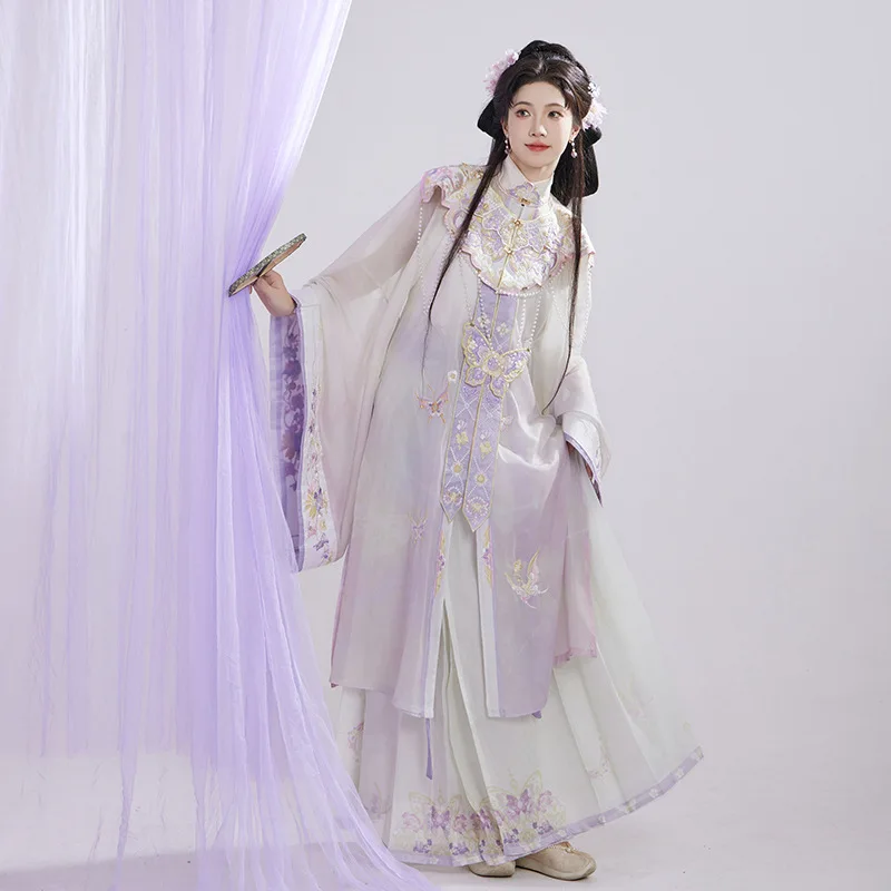 Hanfu KKQ04ชุดคลุมคอตั้งกระโปรงม้าสะพายไหล่ลายเมฆปักหมุดดอกไม้แบบมีตะขอสไตล์ฤดูใบไม้ผลิฤดูร้อน