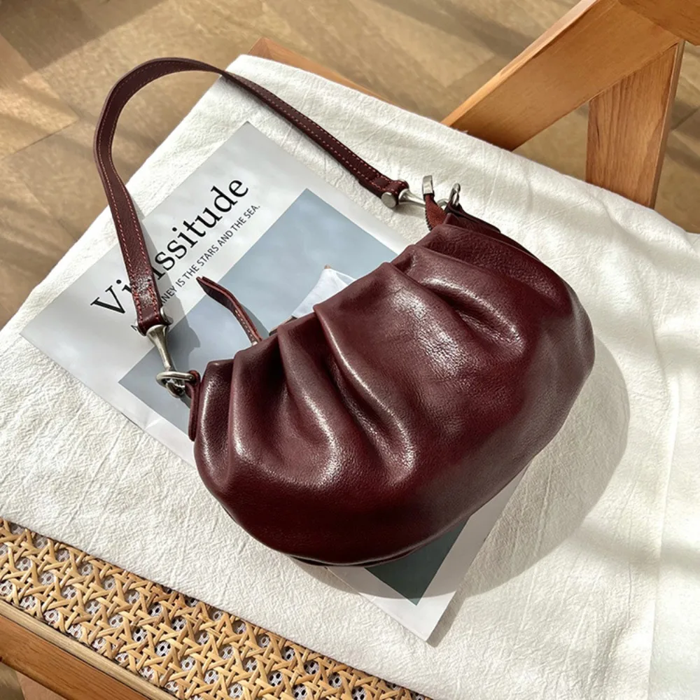 

Motingsome Top Quality Vegetable Tanned Cowhide Women Underarm Bag Shoulder Messenger Bags Fashion Cloud Pleated Purse 2025 New