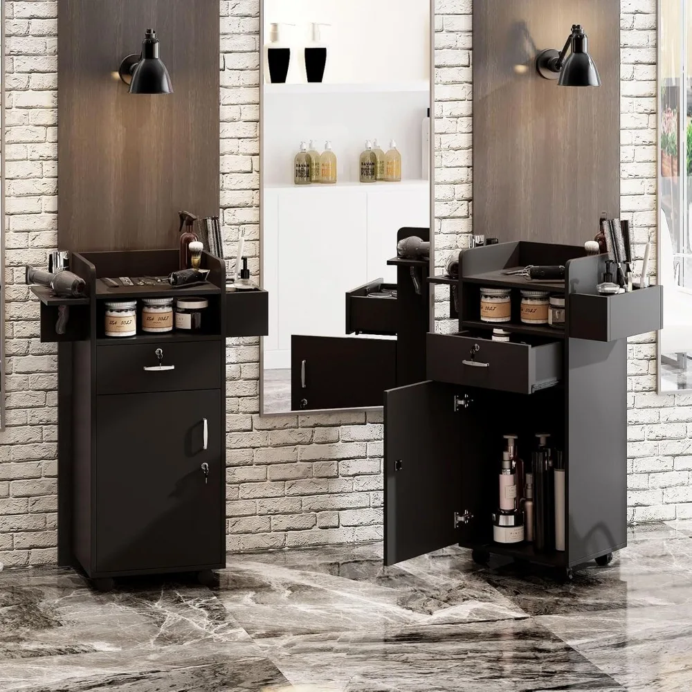 Salon Station, Versatile Salon Stations for Hair Stylists with Locking Drawers and 3 Tool Holsters Spa Storage Trolley Cart