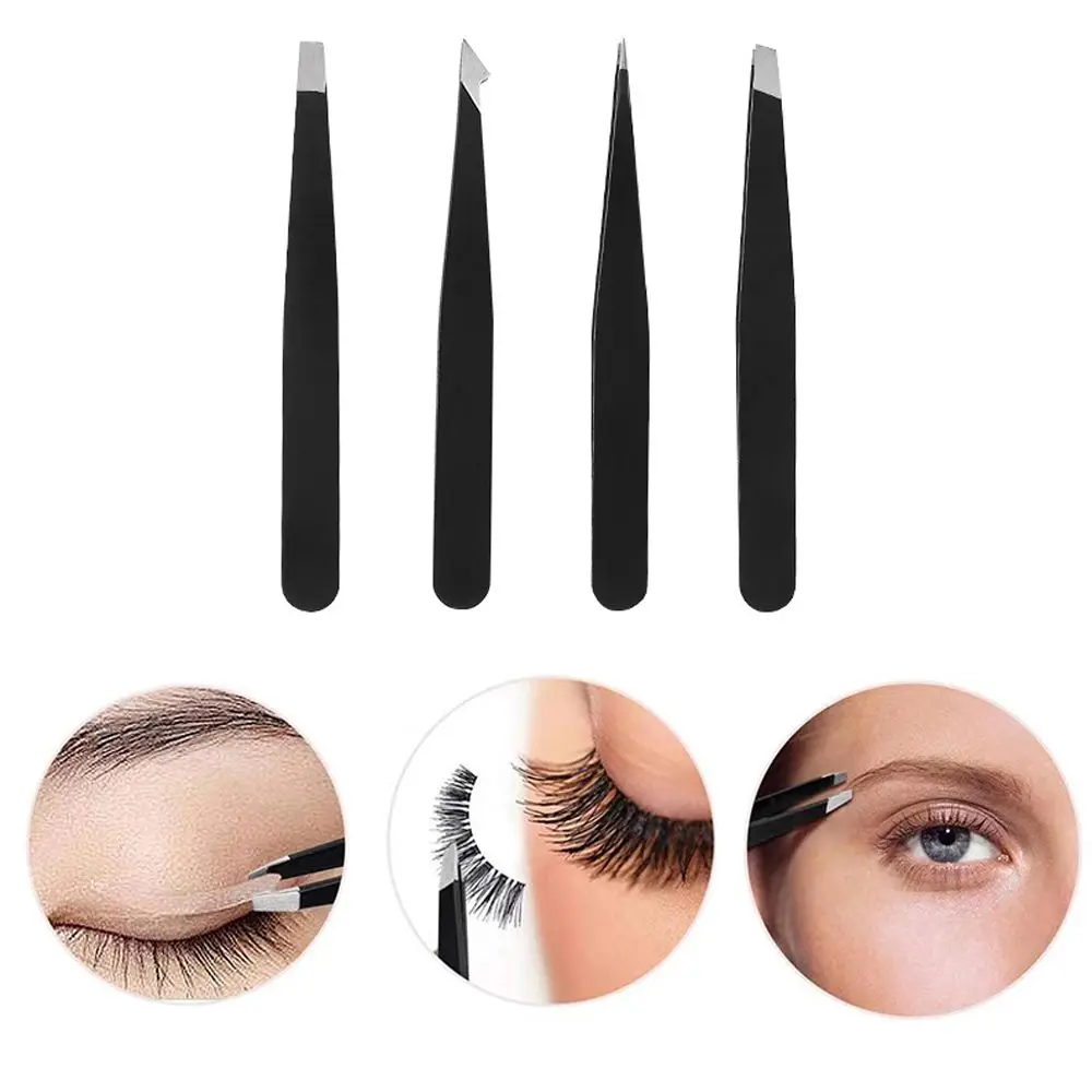 Herramientas de belleza de acero inoxidable, manga de cuero, pinzas de pestañas puntiagudas planas, pinzas para cejas, extractor de pelos de pestañas, pinzas para cejas