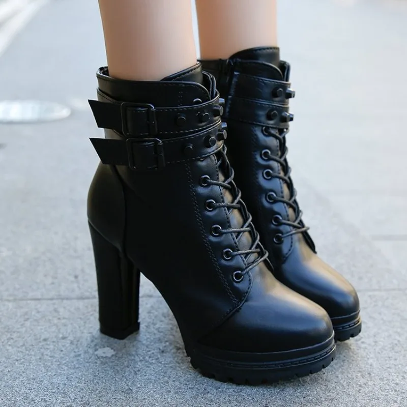Autumn Women's Platform Shoes New Plus Velvet Chunky Heel Heeled Ankle Boots for Women Winter Keep Warm Ladies Short Boots