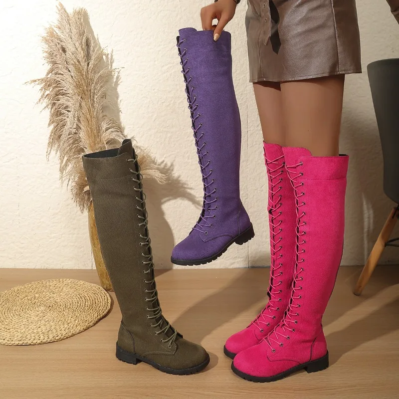 2026 New Solid Color Round Toe Women's Over The Knee Boots Fashion Versatile Simple Style Lace Up Design Casual Boots for Women