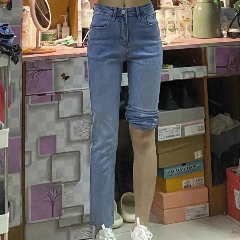 

Джинсы женские прямые, тонкие, элегантные, модные, уличная одежда, популярные девушки до щиколотки, универсальные, с высокой талией, осенние, уютные, повседневные, женские, новые