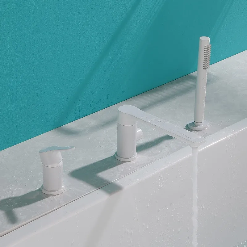 Copper Bathtub Faucet, Cylinder Edge Split Three Piece Set, Bathtub Shower Head, Countertop, White Faucet, 360 Degree Rotation