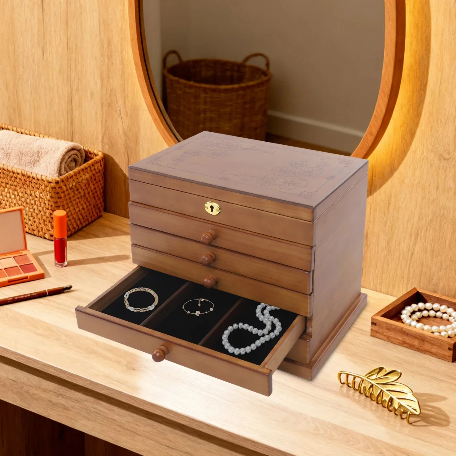New Arrival 6 Layers Large Wooden Jewelry Box with Mirror, Multi Compartment Jewelry Storage Case for Earrings Necklaces Rings Bracelets